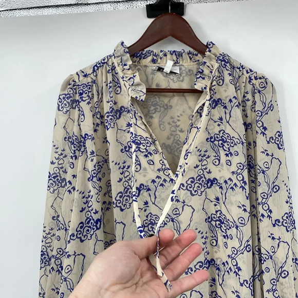 & Other Stories Ruffle Collar Cloud Print Mini Dress Women Sz 10 Tan Blue Tiered - Picture 6 of 15